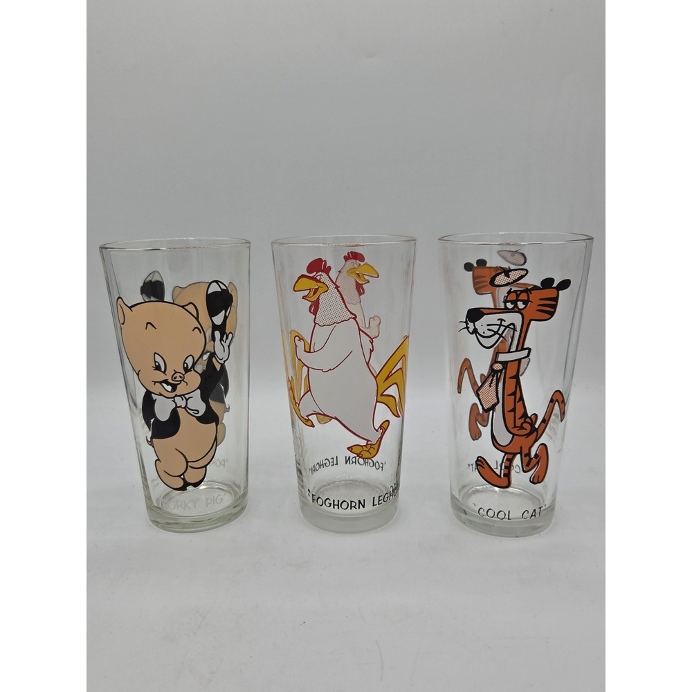 Set Of 3 Vintage Pepsi Collector Glasses Looney Tunes Porky Pig Cool Cat Foghorn
